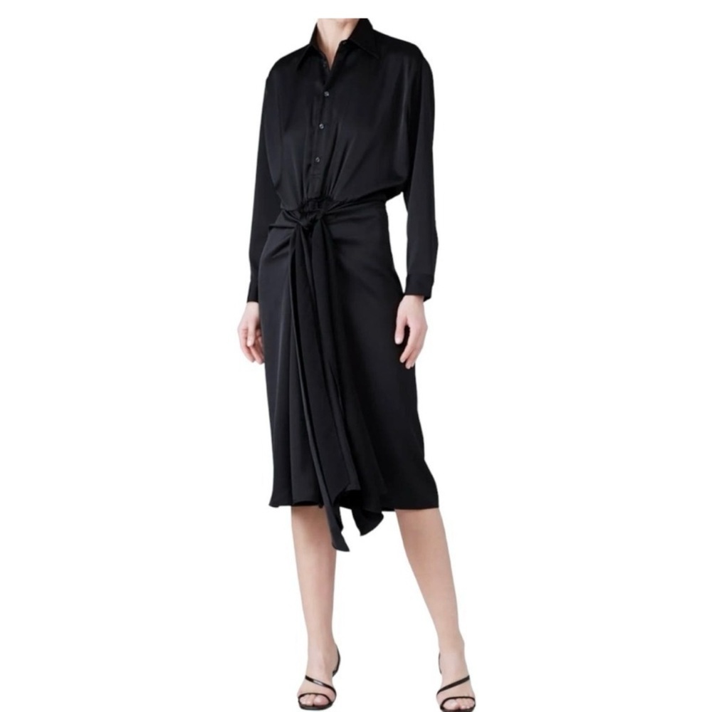 Tome NYC Satin Black Bow Front Shirt Dress Midi size 8 Collared a line